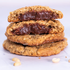 stack of oatmeal peanut butter chocolate brigadeiro cookies