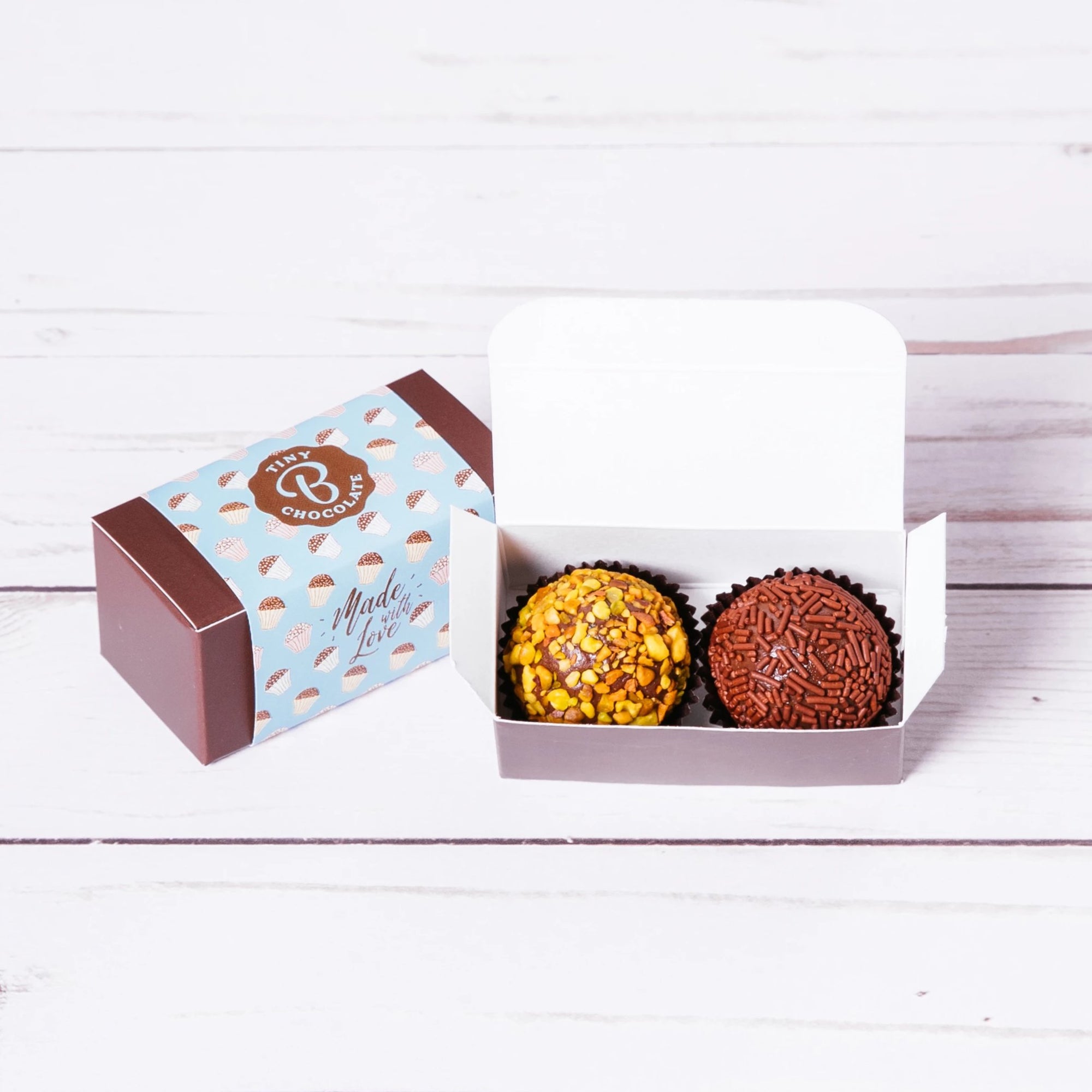 Brigadeiro party favor in a "Made with Love" box